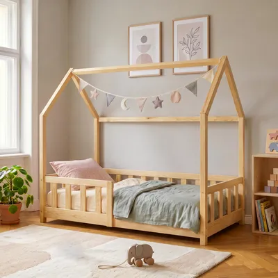 Produktbild von Hausbett ‘Hesel’ für Kinder mit Rausfallschutz 70 x 140 cm Kiefernholz Natur