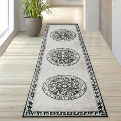 Produktbild von Moderner Teppich mit Glitzergarn Bordüre und Kreismuster in Grau Anthrazit Creme Größe - 80 x 300 cm