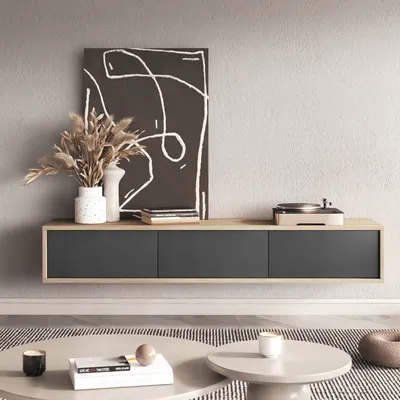 Produktbild von Masseno TV-Schrank LIVIA 180 cm Fernsehschrank mit 3 Türen TV-Lowboard für Wohnzimmer Modern 180x36x32 cm Eichefarben / Anthrazit