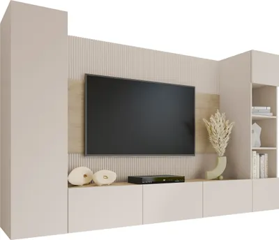 Produktbild von MIRJAN24 Wohnwand Deromi IV, Wohnzimmer Möbel Set, Griffloses Öffnungssystem push to open, 4er-Set (Farbe: Sandbeige / Sandbeige + Eiche Cremona)
