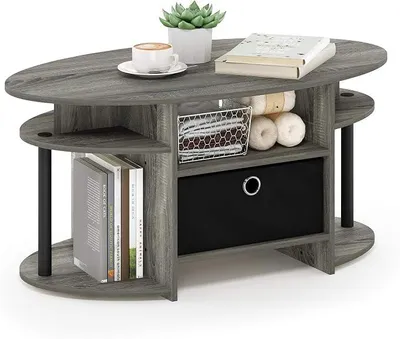 Image de Table basse ovale au design épuré, avec poubelle intégrée, en chêne français, noir et noir