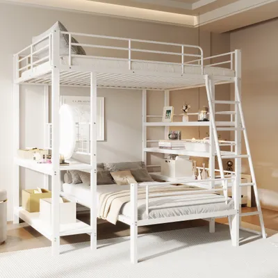 Produktbild von ProximaX Etagenbett Metallrahmen Hochbett 140*200, Multifunktionsbett mit Mehreren Ablagefächern, Weiß
