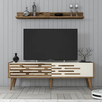 Image de Skye Decor, Valensiya 140 - Noyer, Crème, Meuble TV, Noyer, PANNEAUX DE PARTICULES 100 % MÉLAMINÉS, 140 x 45 x 35 cm