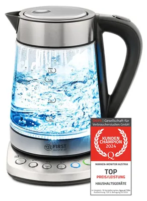 Produktbild von TZS First Austria Glaswasserkocher 1,7 L, mit Kalkfilter, 2200 Watt, Innenbeleuchtung, kabellos, Trockenkochschutz, 360° Grad Anschluss-Sockel