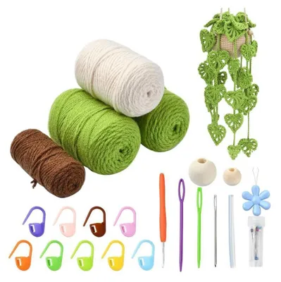 Obrázek produktu pro Sada na háčkování listu Monstera, DIY, příze na pletení, vlněná příze, závěsný košík, sada na pletení, video návod, pro začátečníky, dekorace, zelená, 50 cm