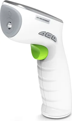 A white and gray infrared thermometer with a green trigger against a white background.