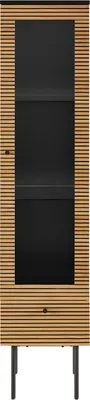 Produktbild von SalesFever Glasvitrine 1-türig | Vitrine mit 2 Einlegeböden und 1 Schublade | MDF Eiche Echtholzfurnier | Gestell Metall | B 40 x T 43 x H 179 cm | natur – schwarz