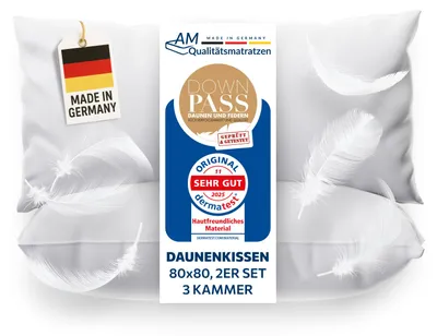 Produktbild von AM Qualitätsmatratzen | Premium 2er Daunenkissenset | 80x80 cm | Daunen | Kissen | 80x80 | Kopfkissen | Allergiker geeignet | Nomite | Downpass