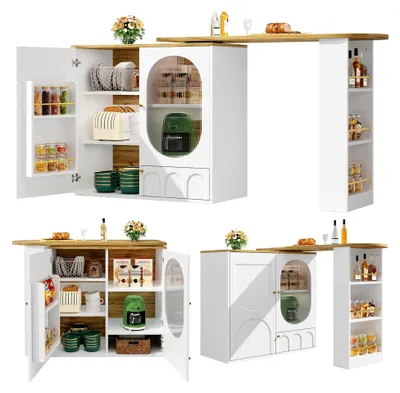 Produktbild von Drehbarer Bartisch, 360° drehbarer Stehtisch mit Stauraum, 138x39x105cm, weiß-schwarz mit Glasfront, für Küche, Wohnzimmer, Arbeitszimmer