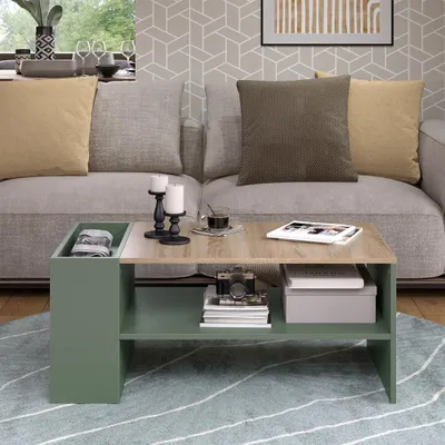 A living room scene with a couch and coffee table.