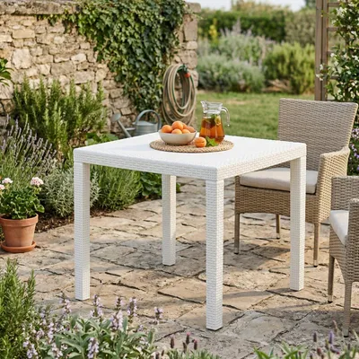 Produktbild von Gartentisch Daanan, Quadratischer Gartentisch, feststehender Couchtisch in Rattan-Optik, 100 %  Italy, 80x80h72 cm, Weiß