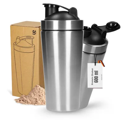 Produktbild von Protein Shaker auslaufsicher 'Core' 600 ml - doppelwandiger Edelstahl Shaker mit Sieb für Gym und Alltag - silber