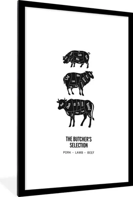 Produktbild von MuchoWow® Gerahmtes Poster Küche - Kuh - Fleisch 60x90 cm - Poster mit Schwarzem Bilderrahmen Wandposter Rahmen Foto Bilder - Dekoration - Wandposter Wohnzimmer - Hochwertig
