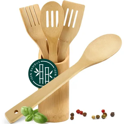 Produktbild von 5-teiliges Holzkochgeschirr-Set mit 100% Bambus Halter