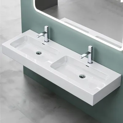 Produktbild von Mai & Mai Aufsatzwaschbecken Hängewaschbecken Doppel-Waschbecken in Weiß hochglanz Waschtisch Waschbecken Gussmarmor Colossum830