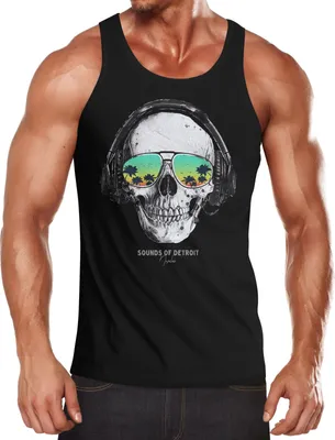 Produktbild von Herren Tank-Top Totenkopf Kopfhörer Musik Party Skull Sonnenbrille Schädel Muskelshirt Muscle Shirt Neverless® schwarz L