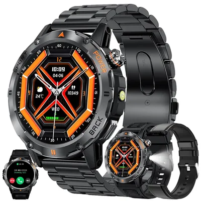 Produktbild von AMOLED Smartwatch Herren mit Telefonfunktion Taschenlampe 5ATM Smart Watch mit 123 Sportmodi Schlafmonitor Blutdruck Armbanduhr für IOS Android Schwarz
