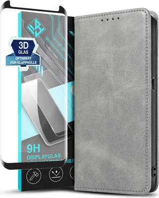 Produktbild von Handyhülle für Samsung Galaxy S9 mit 9H Displayglas Kunstleder Flip Cover Hülle Handytasche Case Kartenfach Farbe: Grau