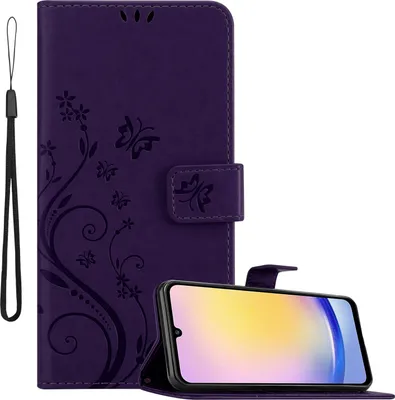 Obrázek produktu pro Cadorabo kryt pro Samsung Galaxy A25 v barvě FLORAL DARK PURPLE ochranný kryt v květinovém designu s magnetickým zapínáním, funkcí stojánku a sloty na karty flipové pouzdro květinový kryt pouzdro na mobilní telefon s klopou pouzdro typu kniha
