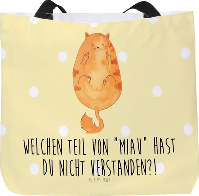 Produktbild von Mr. & Mrs. Panda Reisetasche Katze Mittelfinger - Gelb Pastell - Geschenk, Katzen, Tasche, Cat, Mietze, Stoffbeutel, Büchertasche, Laptoptasche, Kater, Tote Bag, Cats