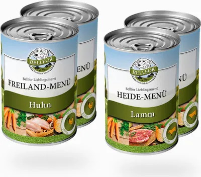 Produktbild von Bellfor Starter-Paket Nassfutter - Getreidefrei: 2 x Bellfor Freiland-Menü 400 g, 2 x Bellfor Heide-Menü 400 g - 1,600.00 g