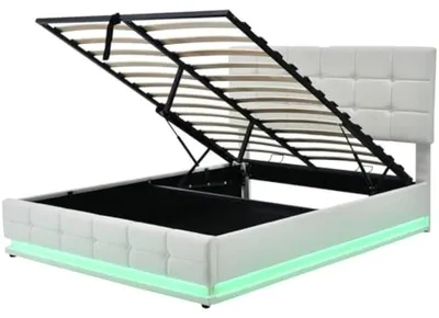 Imagen del producto de Cama con somier para dos personas, tapizada, con iluminación LED y espacio de almacenamiento