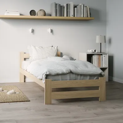 Produktbild von Holzbett 90x200 cm mit Lattenrost Modern Bett Bed Kiefer Massiv Bettgestell Einzelbett Massivholzbett Klassisch | Komfortabel & Langlebig | Skandinavisch Boho Landhaus Kopfteil mittel natur
