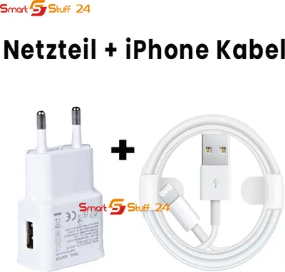 A white USB power adapter and a white USB to Lightning cable are shown on a white background.