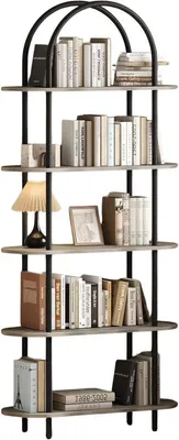Productafbeelding van Boekenkast met 5 lagen – A-vormig ontwerp van 180 cm – Metalen frame en MDF – Vrijstaand boekenkast voor woonkamer, slaapkamer en kantoor – Zwart/grijs