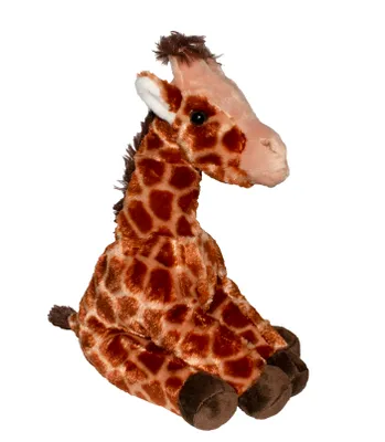 A plush toy giraffe sitting down against a white background.