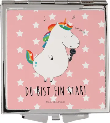Produktbild von Mr. & Mrs. Panda Kleiner Spiegel Einhorn Sänger - Rot Pastell - Geschenk, Handspiegel, Disco, Unicorn, Schminkspiegel, Party, Geburtstag, Kosmetikspiegel, Taschenspiegel