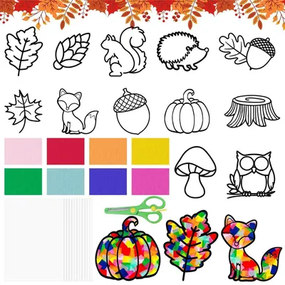 Produktbild von Herbst Bastelset 57 Teile Fensterbilder Tiere Ahornblätter DIY Deko