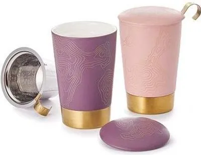 Produktbild von Edle Kräuterteetasse doppelwandig 3-teilig Porzellan Edelstahl Gold 0,35 l
