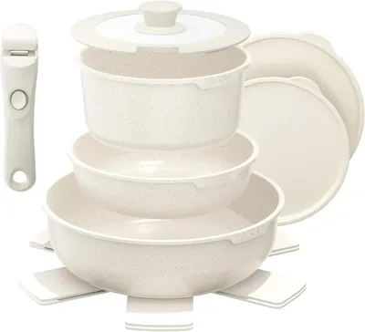 Image de Ensemble de casseroles et poêles 9 pièces - Set de batterie de cuisine - Revêtement antiadhésif - Poignées amovibles - Adapté aux plaques de cuisson et à la cuisson - Blanc