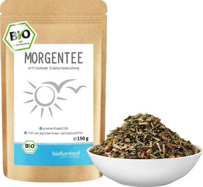 Produktbild von Morgentee 150 g, loser Tee im Druckverschlussbeutel mit erfrischenden Kräutern wie Mate, Sencha, Pfefferminze Kräutertee von bioKontor