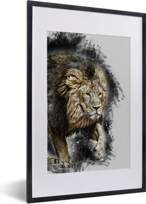 Produktbild von MuchoWow® MuchoWow® Gerahmtes Poster Illustration - Löwe - Schwarz 40x60 cm - Poster mit zchwarzem Bilderrahmen - Poster in Rahmen