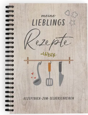 A spiral-bound notebook with a wooden texture background, featuring kitchen utensils and text.