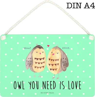Produktbild von Mr. & Mrs. Panda Schild Eulen Liebe DIN A4 - Türkis Pastell - Geschenk, Dekoschild, Wortspiel Lustig, Liebesspruch, Eule, kleine aufmerksamkeit, Holzschild, holzbild