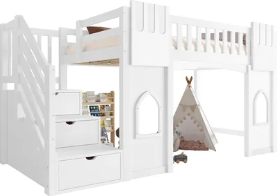 Produktbild von Hochbett mit Schubladen, Rausfallschutz, Lattenrost und Treppe, 90x200 cm, Kinderbett, Holzbett