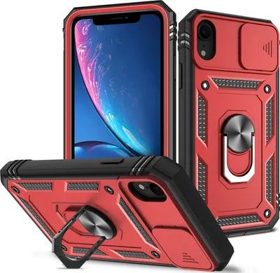 Produktbild von iPhone XR Hülle, Schiebe Kamera Schutz Robust Stoßfest Schutzhülle mit Ringhalterung Ständer Kartenhalter für iPhone XR Rot