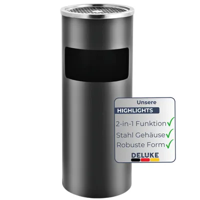 Produktbild von DELUKE® Runder Standaschenbecher für Draußen 30L - 25x61cm Stahl | Mülleimer mit Aschenbecher Abfalleimer mit Inneneimer Standascher Outdoor, Grau