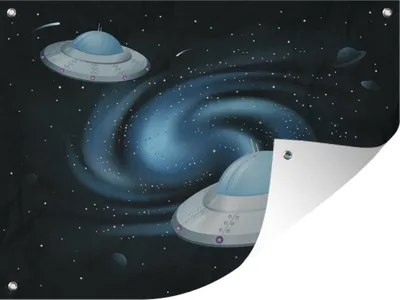 Produktbild von MuchoWow® 40x30 cm Outdoor-Poster Gartendeko Sichtschutz Garten Poster für den Garten  Eine Illustration von zwei UFOs - Jungen - Mädchen - Kinder - Kinder