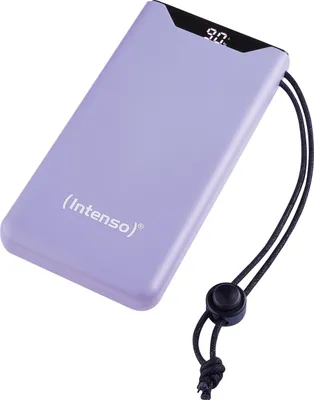 A purple power bank with a digital display and a black lanyard.