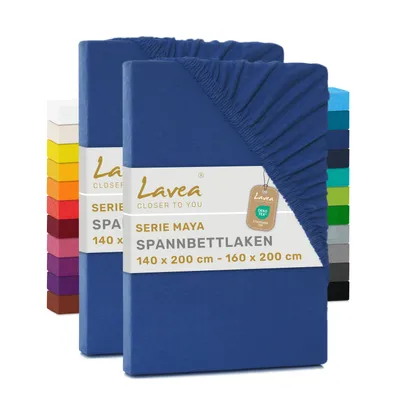 Produktbild von Lavea® 2er Pack Jersey Spannbettlaken 140/160x200 cm, 100% Baumwolle – Weiches Bettlaken für Matratzen bis 20 cm Höhe – Royalblau