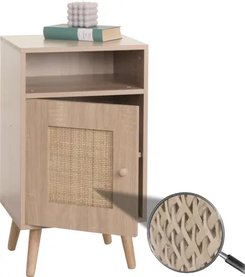 Produktbild von Nachttisch HWC-M39, Nachtschrank Kaffeetisch Beistelltisch, Staufächer, Kubu Rattan Holz Melamin, Eiche-Optik 71x40x41cm