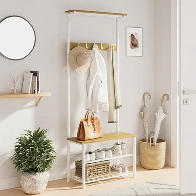Zdjęcie produktu dla Drewniana wieszalka na ubrania – stojak z siedziskiem – organizer do przedpokoju – 3 półki i haczyki – 84x30x180 cm – biały