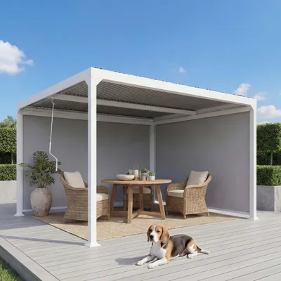 Produktbild von Alu Pergola MCW-L41 mit 2x Seitenwand, Lamellen-Pavillon, stabiles 8cm-Metall-Gestell 3x3,7m  weiß