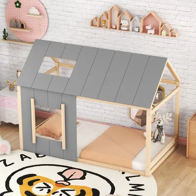 Zdjęcie produktu dla Łóżeczko dla dzieci w kształcie domku, 90x200 cm, z daszkiem i oknami, solidna konstrukcja drewniana, łatwe w montażu, kolor: naturalny szary