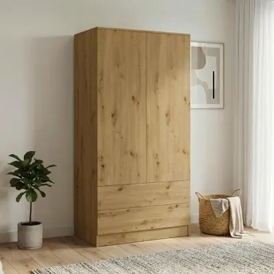 Produktbild von BEAUTYSOFA | Drehtürenschrank LOOK Eiche Artisan - Kleiderschrank 90 cm – Moderner minimalistischer Schrank mit 2 Schubladen und 2 Türen
