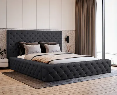 Obrázek produktu pro Čalouněná postel 180x200 Amor s úložným prostorem, roštem – dvojlůžko Chesterfield sametová látka (černá – Elegance 21)